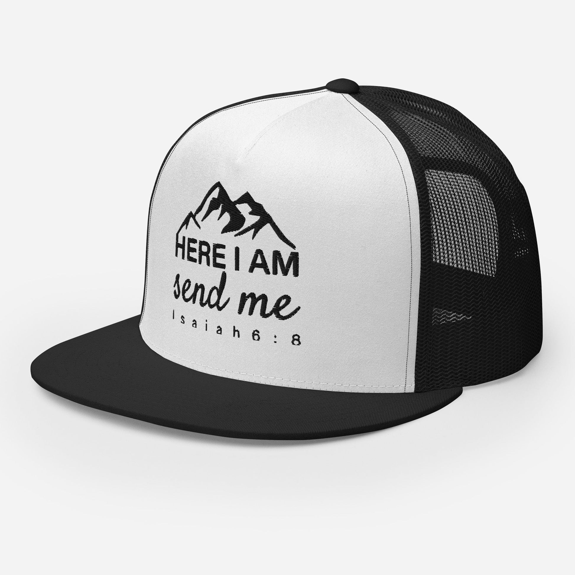 "Here I Am Send Me" Christian Hat, Bible Verse Hat, Yupoong 6006 Trucker Cap - Wellness Shine