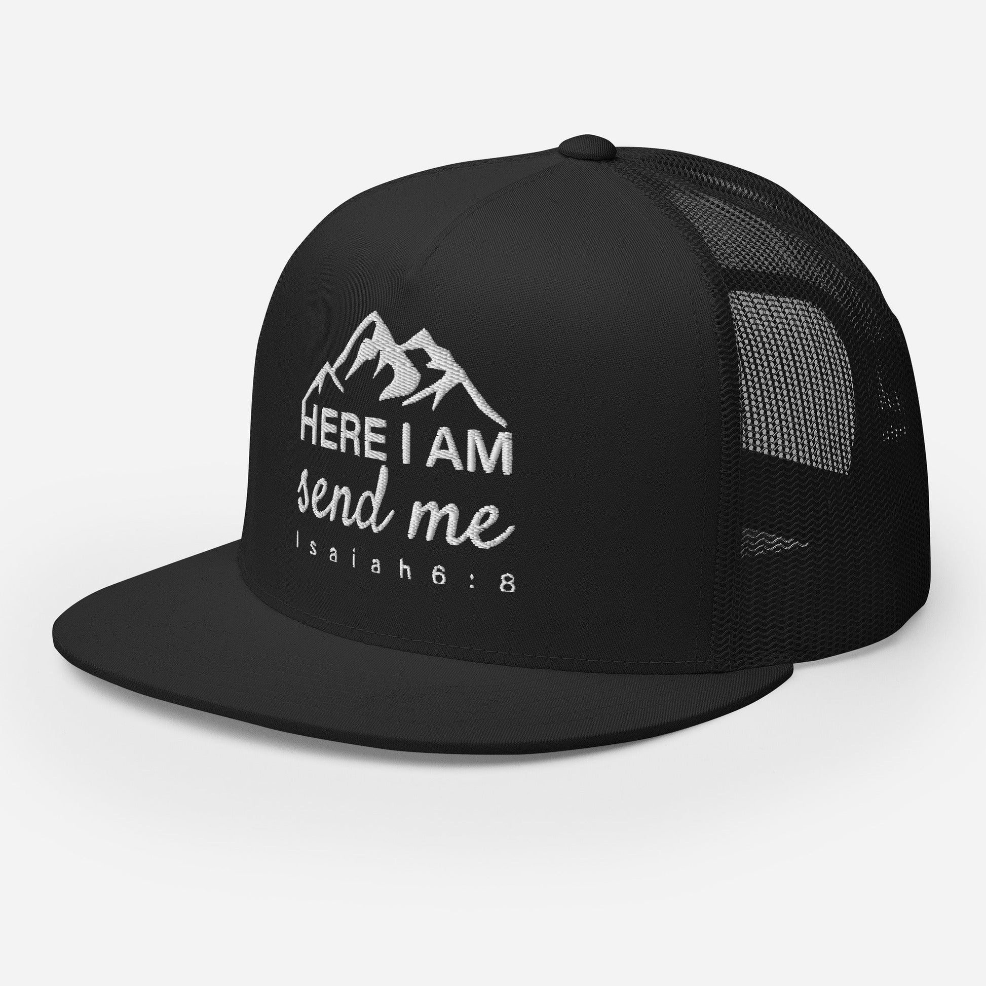 "Here I Am Send Me" Christian Hat, Bible Verse Hat, Yupoong 6006 Trucker Cap - Wellness Shine