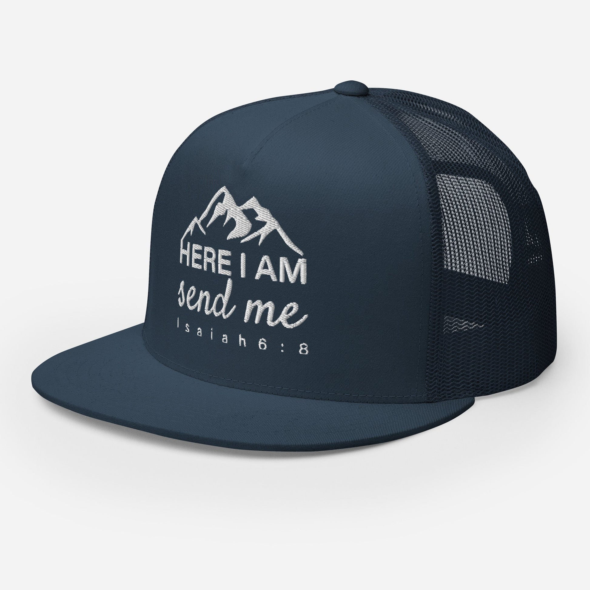 "Here I Am Send Me" Christian Hat, Bible Verse Hat, Yupoong 6006 Trucker Cap - Wellness Shine