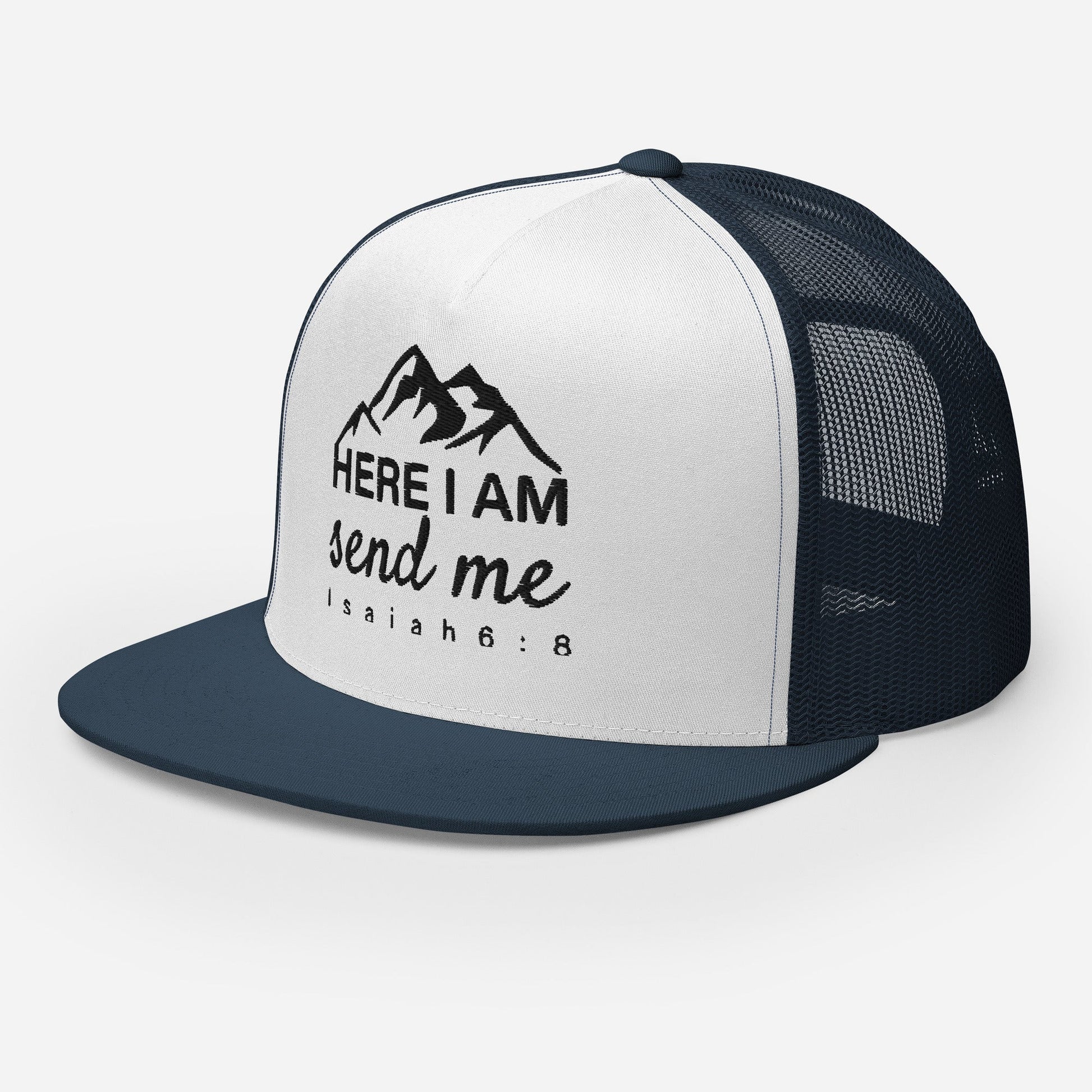 "Here I Am Send Me" Christian Hat, Bible Verse Hat, Yupoong 6006 Trucker Cap - Wellness Shine