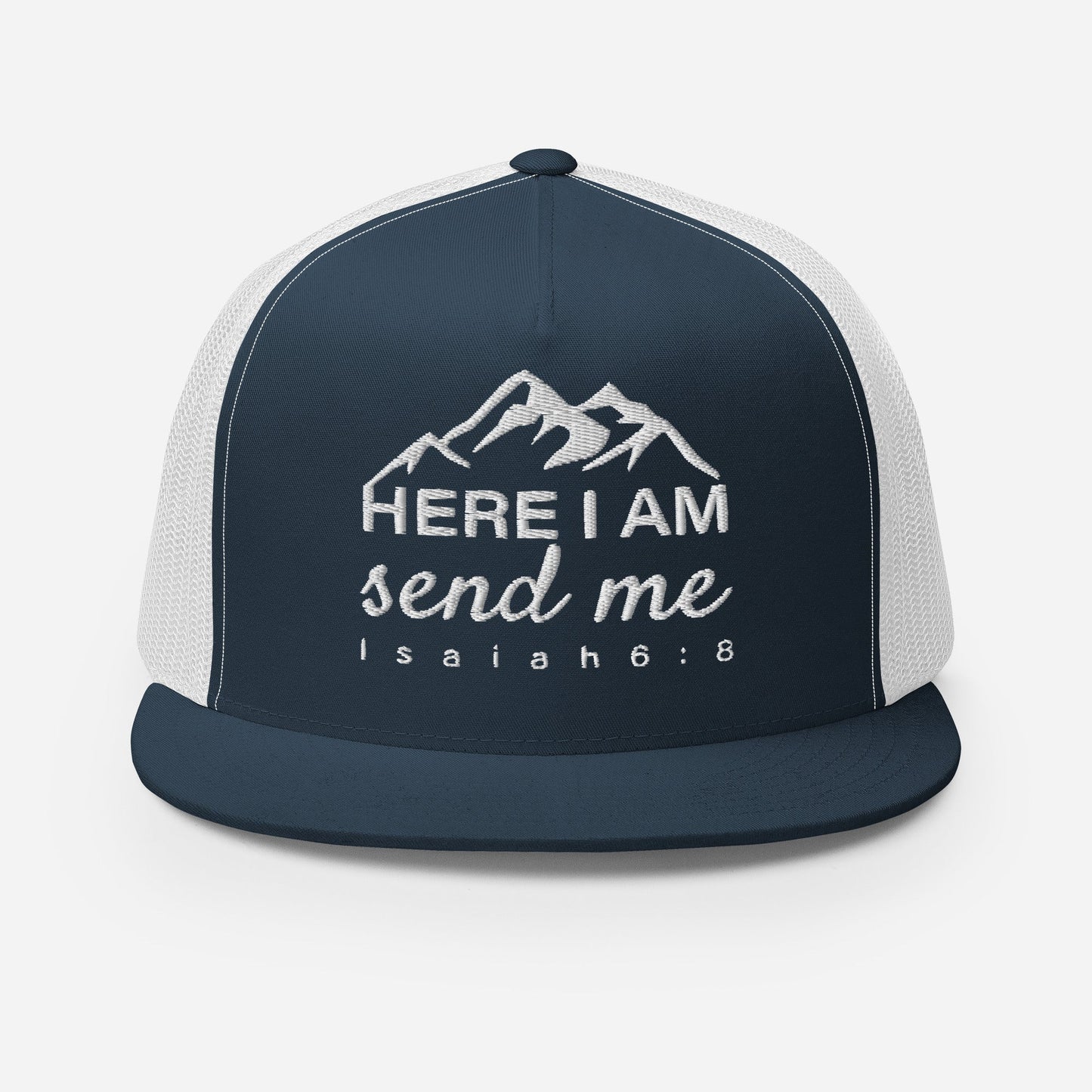 "Here I Am Send Me" Christian Hat, Bible Verse Hat, Yupoong 6006 Trucker Cap - Wellness Shine