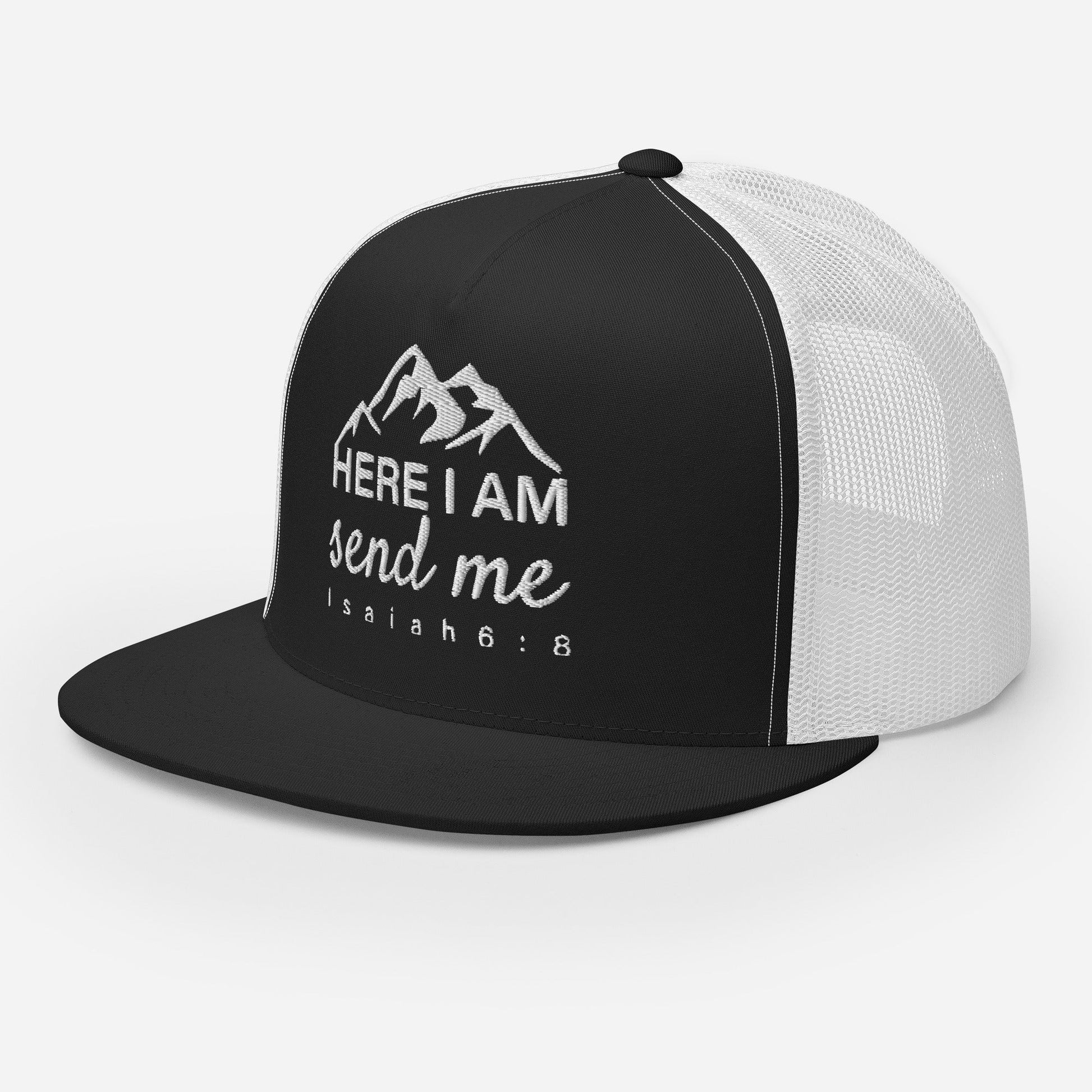 "Here I Am Send Me" Christian Hat, Bible Verse Hat, Yupoong 6006 Trucker Cap - Wellness Shine