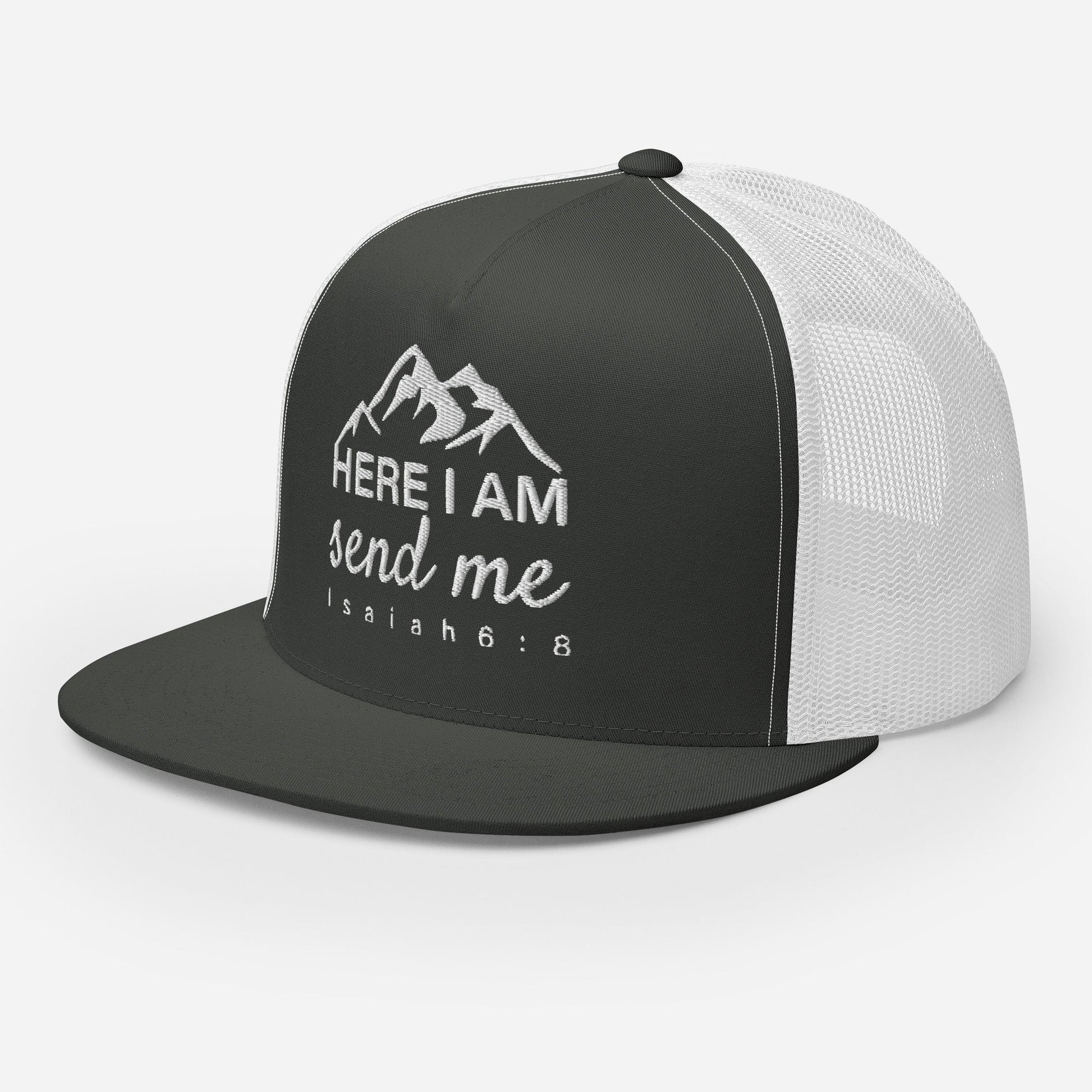 "Here I Am Send Me" Christian Hat, Bible Verse Hat, Yupoong 6006 Trucker Cap - Wellness Shine