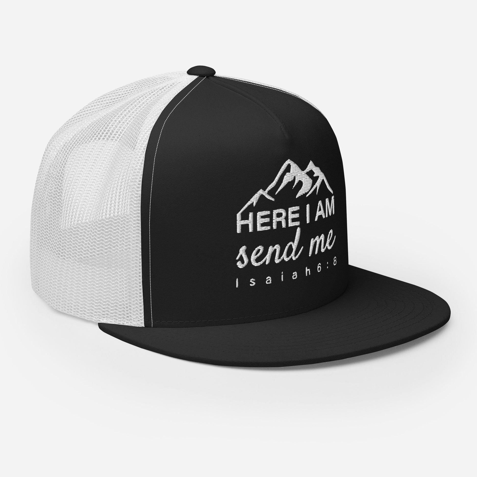 "Here I Am Send Me" Christian Hat, Bible Verse Hat, Yupoong 6006 Trucker Cap - Wellness Shine