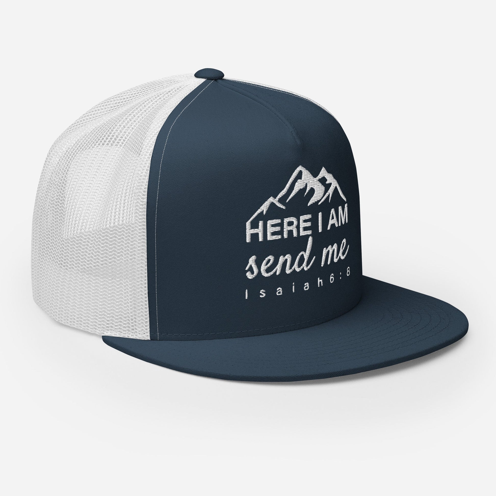 "Here I Am Send Me" Christian Hat, Bible Verse Hat, Yupoong 6006 Trucker Cap - Wellness Shine