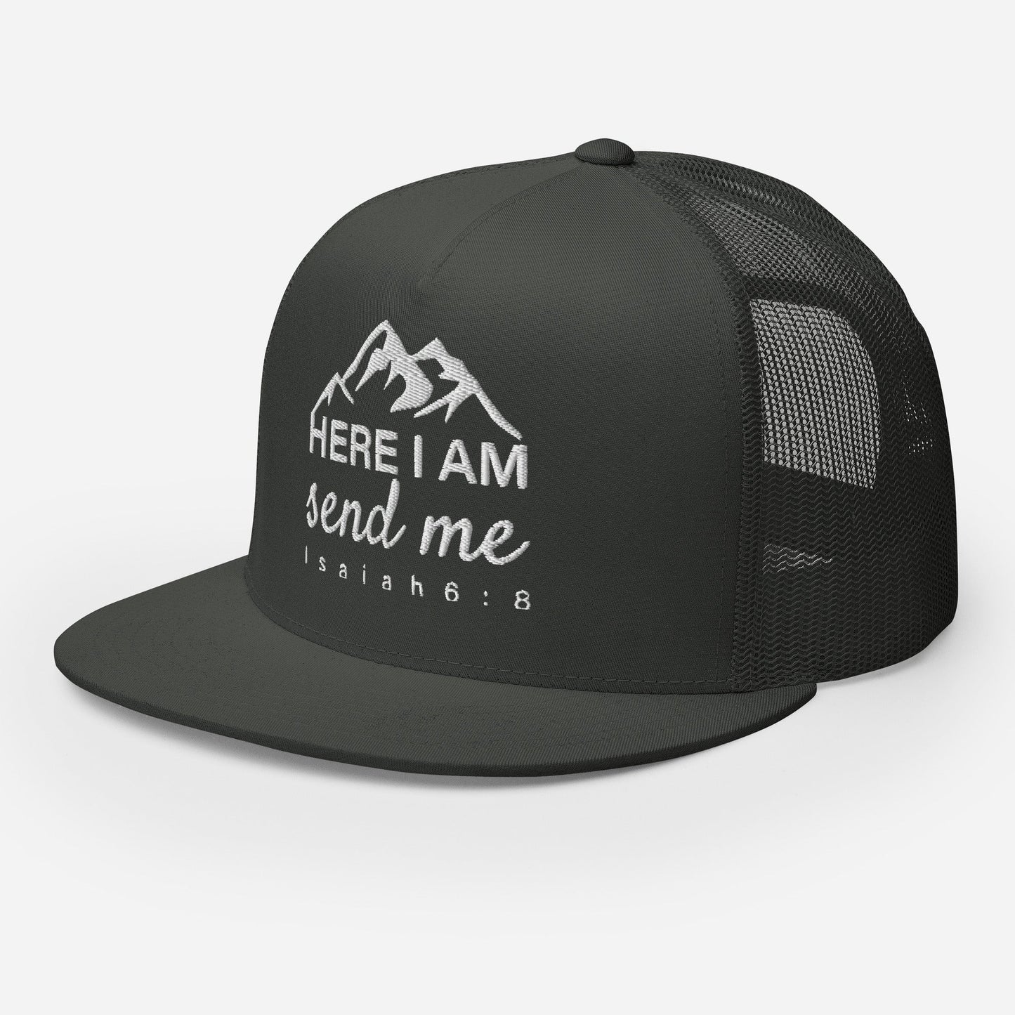 "Here I Am Send Me" Christian Hat, Bible Verse Hat, Yupoong 6006 Trucker Cap - Wellness Shine