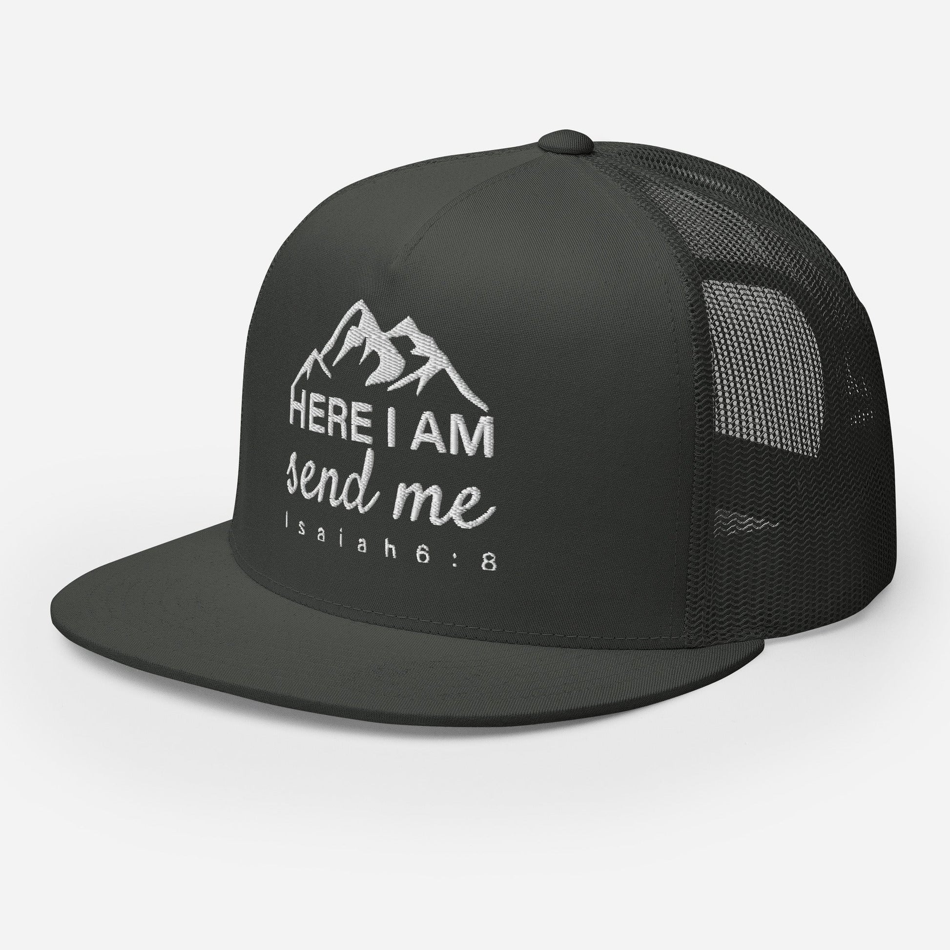 "Here I Am Send Me" Christian Hat, Bible Verse Hat, Yupoong 6006 Trucker Cap - Wellness Shine