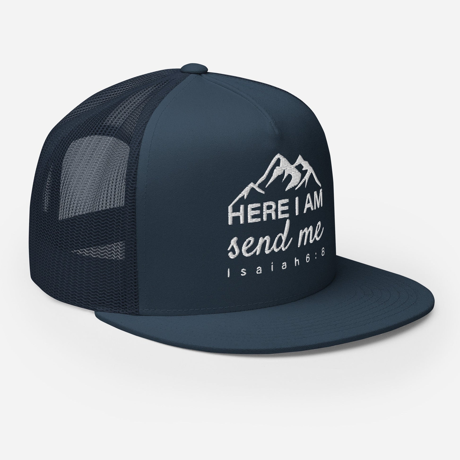 "Here I Am Send Me" Christian Hat, Bible Verse Hat, Yupoong 6006 Trucker Cap - Wellness Shine