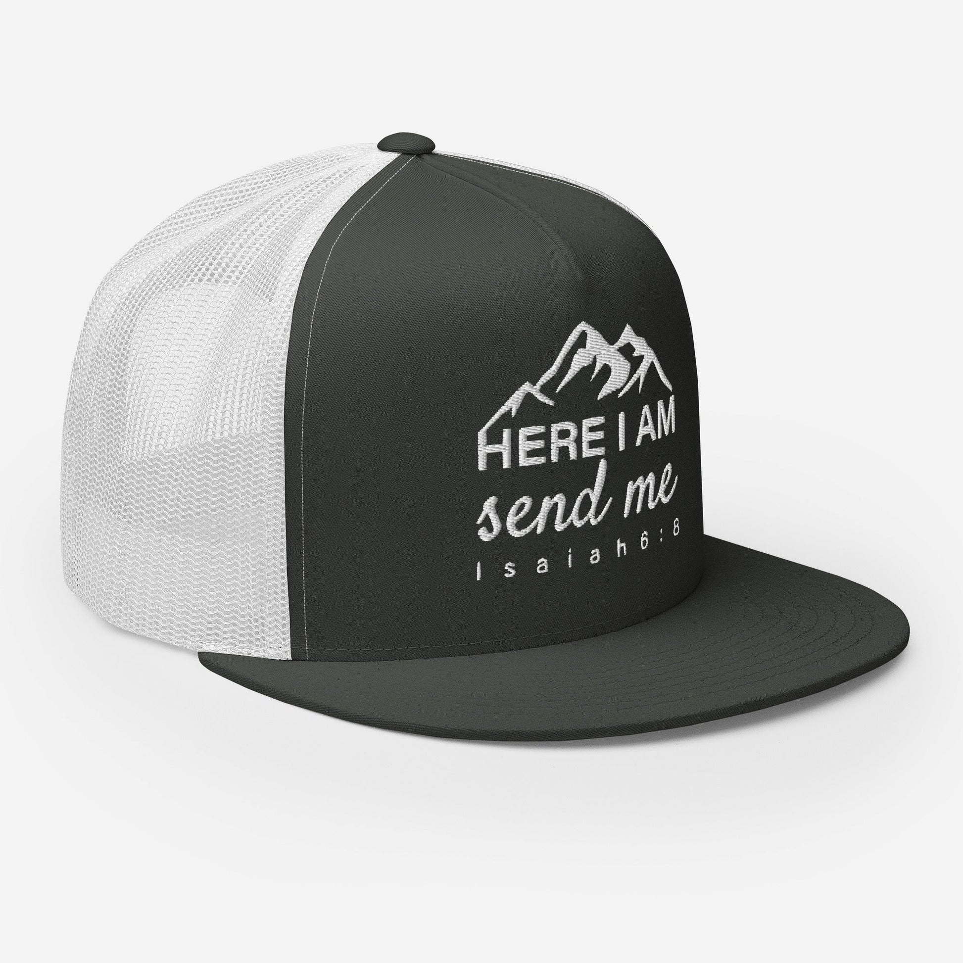 "Here I Am Send Me" Christian Hat, Bible Verse Hat, Yupoong 6006 Trucker Cap - Wellness Shine