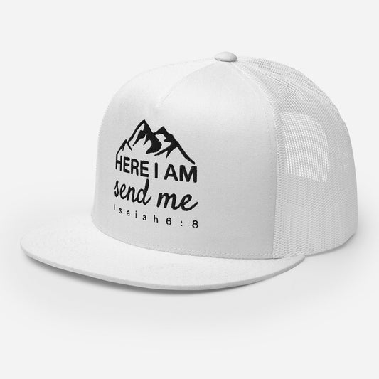 "Here I Am Send Me" Christian Hat, Bible Verse Hat, Yupoong 6006 Trucker Cap - Wellness Shine