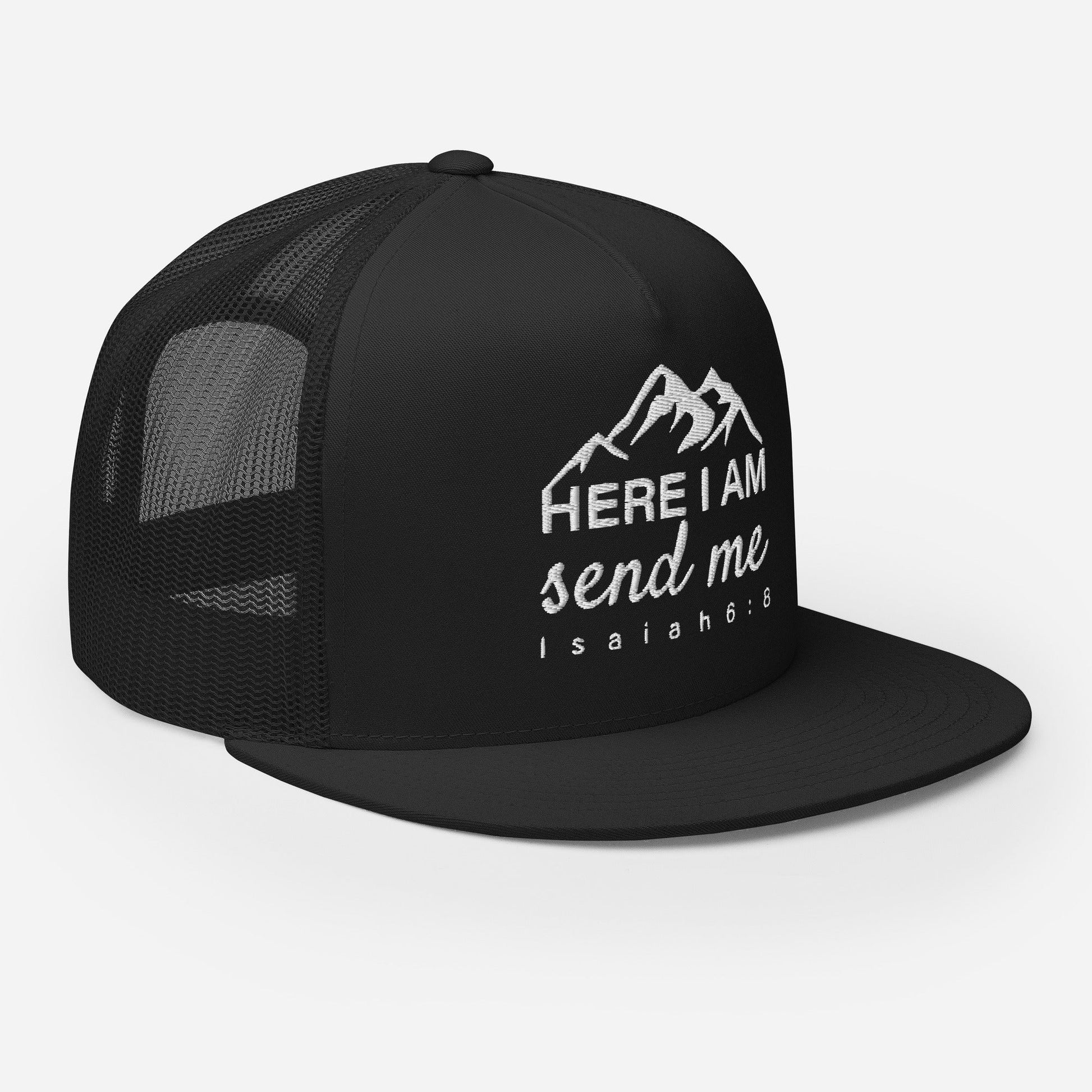 "Here I Am Send Me" Christian Hat, Bible Verse Hat, Yupoong 6006 Trucker Cap - Wellness Shine