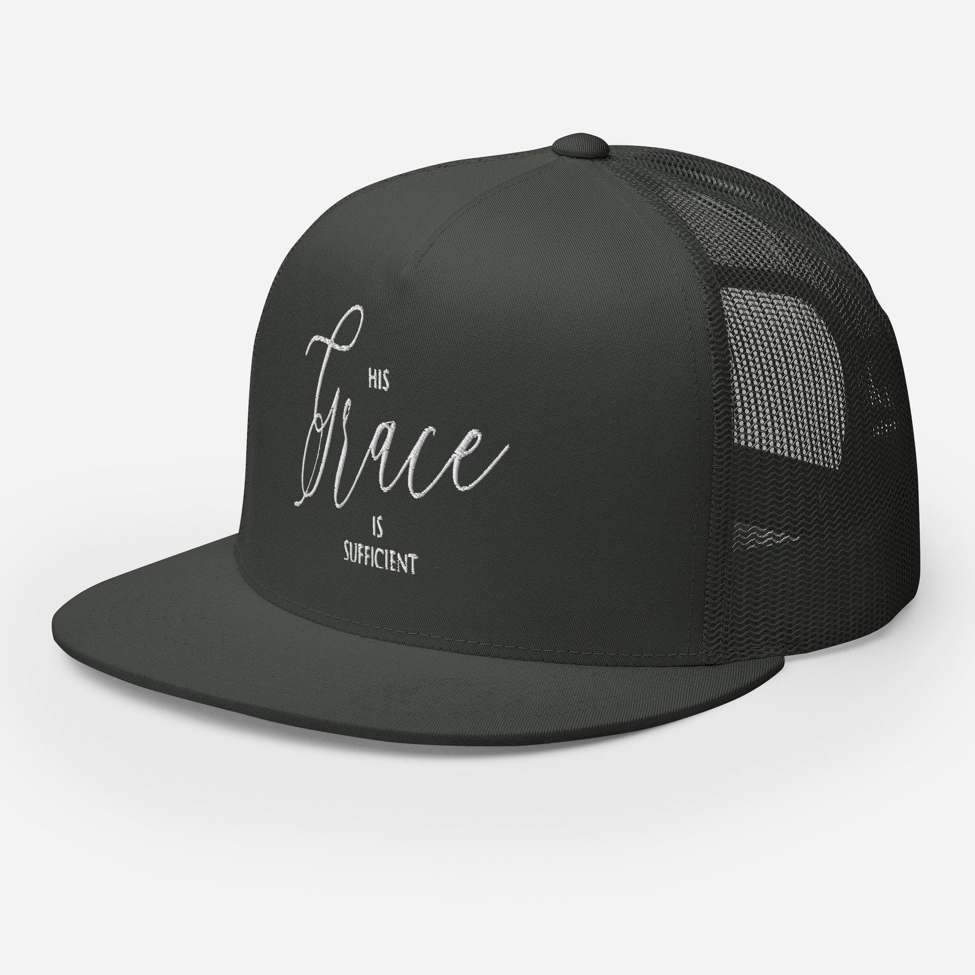 "His Grace Is Sufficient" Christian Hat, Bible Verse Hat, Yupoong 6006 Trucker Cap - Wellness Shine