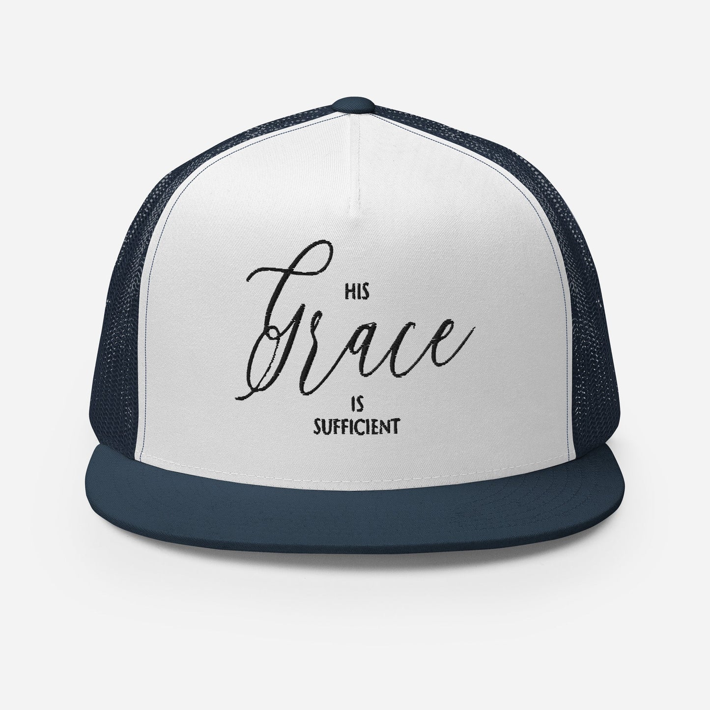"His Grace Is Sufficient" Christian Hat, Bible Verse Hat, Yupoong 6006 Trucker Cap - Wellness Shine