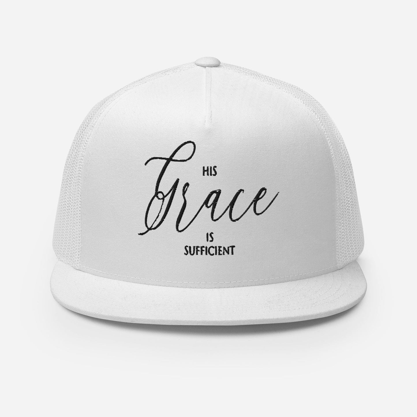 "His Grace Is Sufficient" Christian Hat, Bible Verse Hat, Yupoong 6006 Trucker Cap - Wellness Shine
