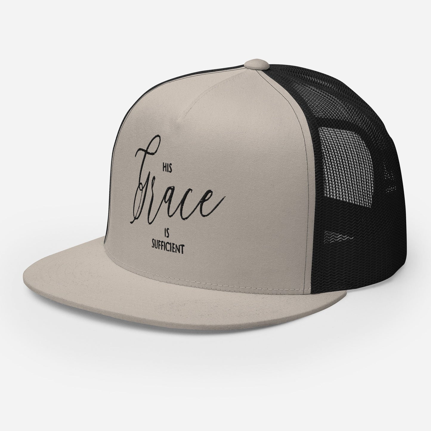 "His Grace Is Sufficient" Christian Hat, Bible Verse Hat, Yupoong 6006 Trucker Cap - Wellness Shine