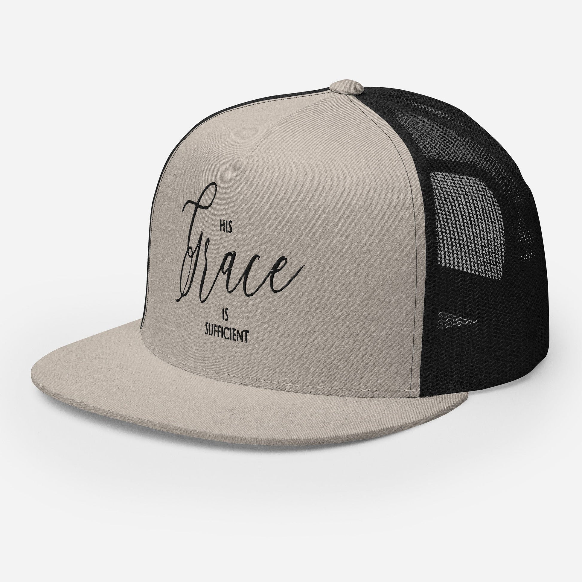 "His Grace Is Sufficient" Christian Hat, Bible Verse Hat, Yupoong 6006 Trucker Cap - Wellness Shine