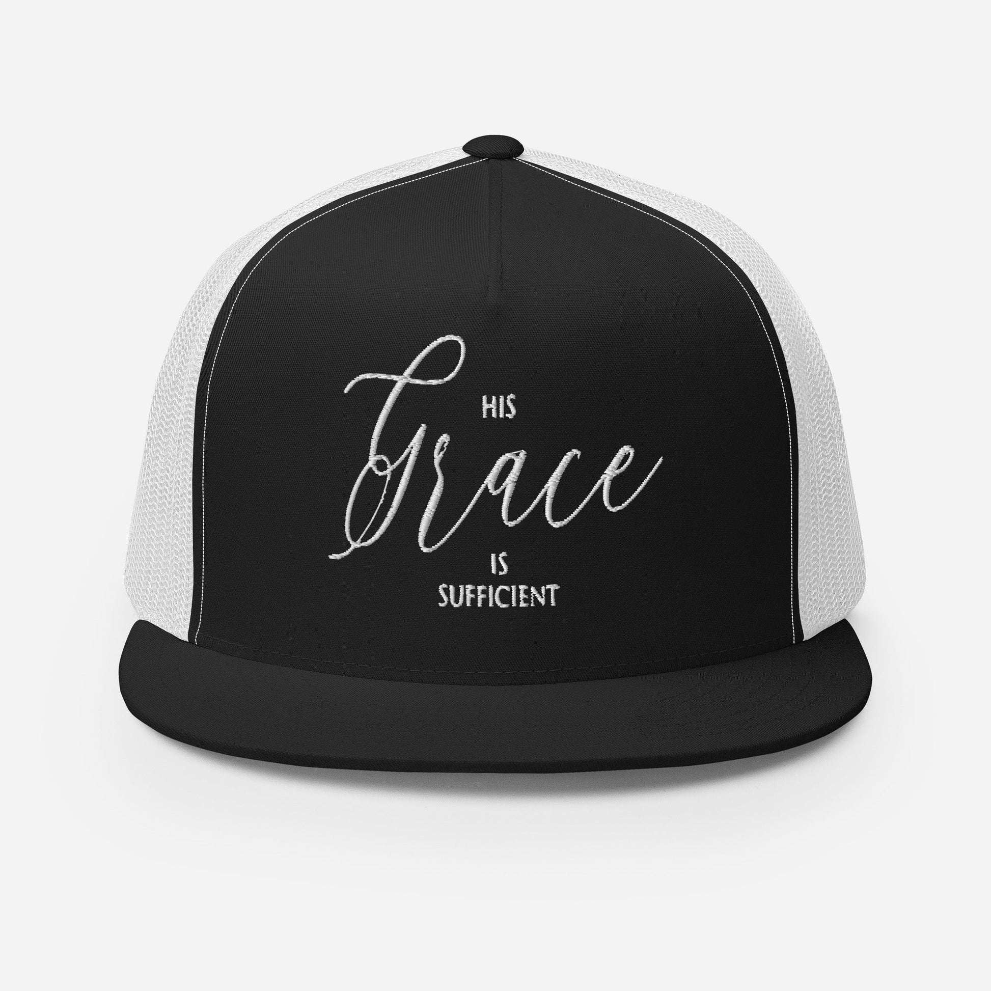 "His Grace Is Sufficient" Christian Hat, Bible Verse Hat, Yupoong 6006 Trucker Cap - Wellness Shine