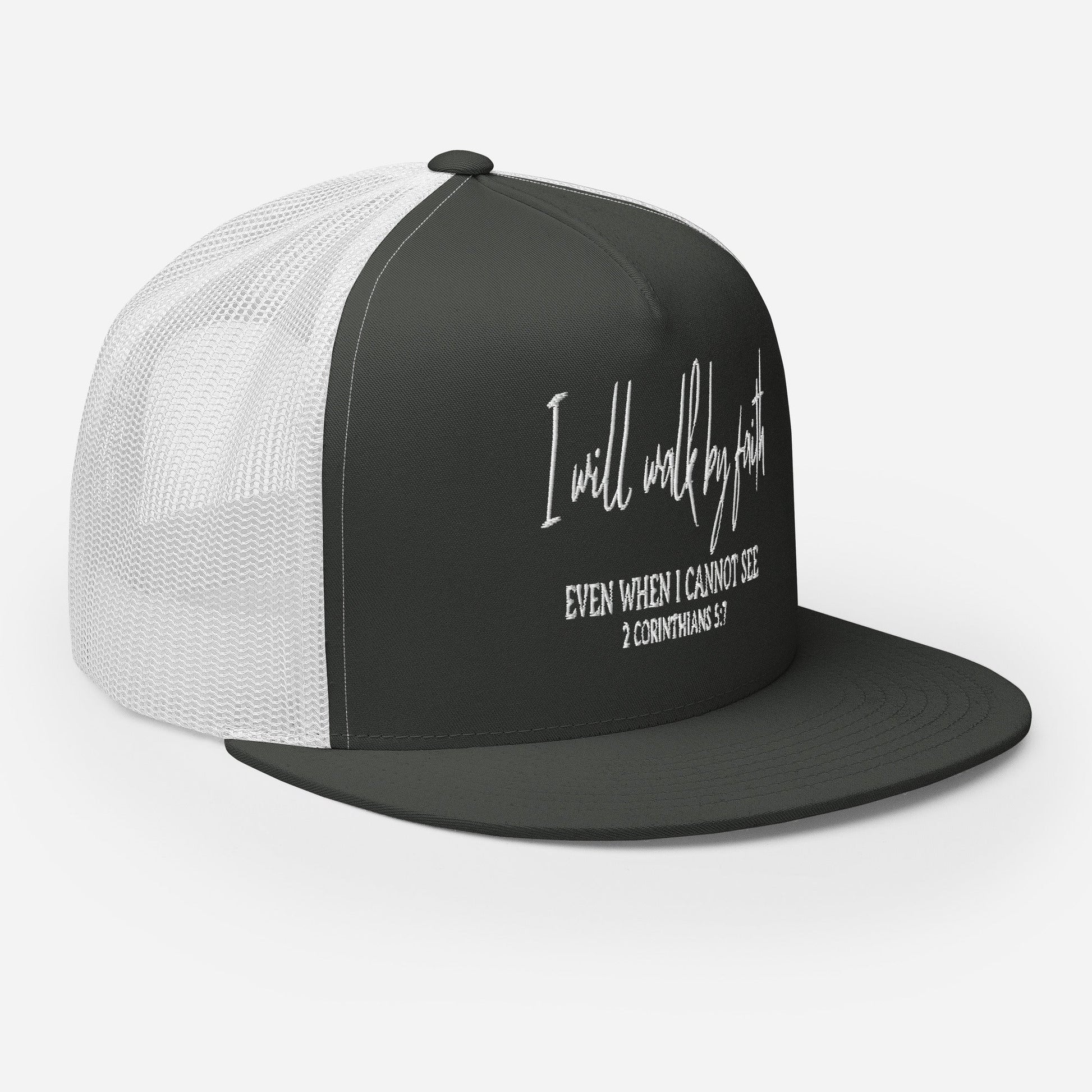 "I Will Walk by Faith" Christian Hat, Bible Verse Hat, Yupoong 6006 Trucker Cap - Wellness Shine