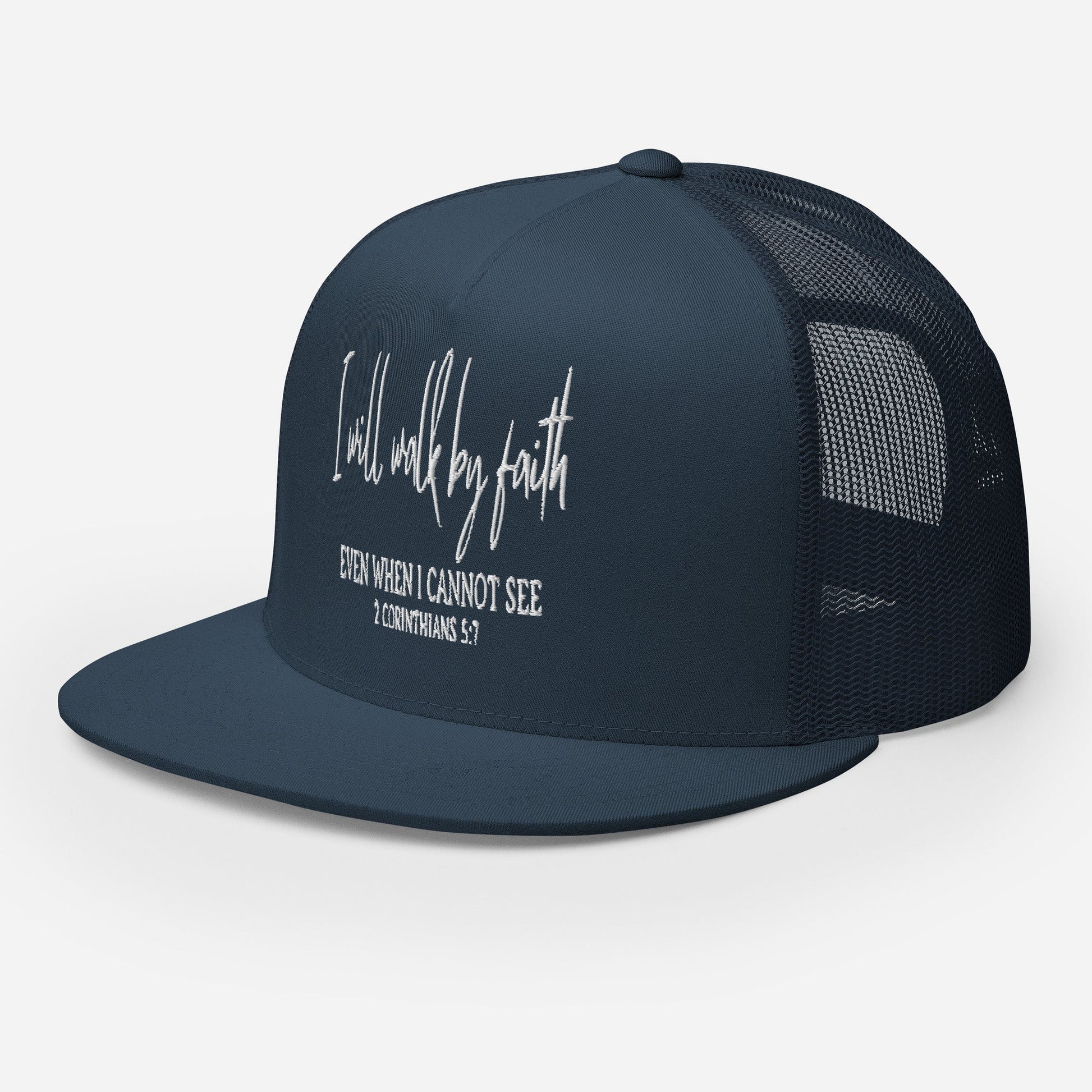 "I Will Walk by Faith" Christian Hat, Bible Verse Hat, Yupoong 6006 Trucker Cap - Wellness Shine