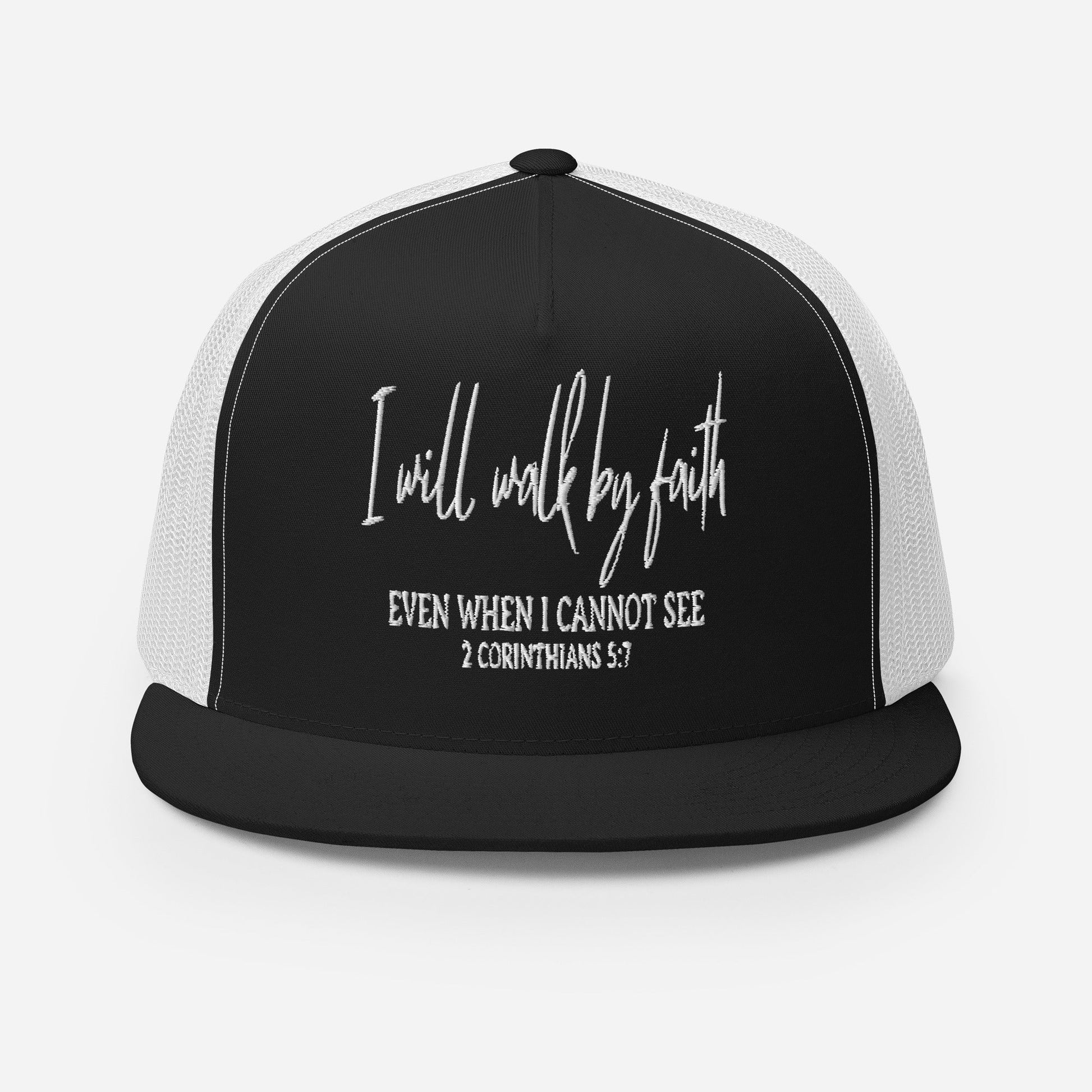 "I Will Walk by Faith" Christian Hat, Bible Verse Hat, Yupoong 6006 Trucker Cap - Wellness Shine