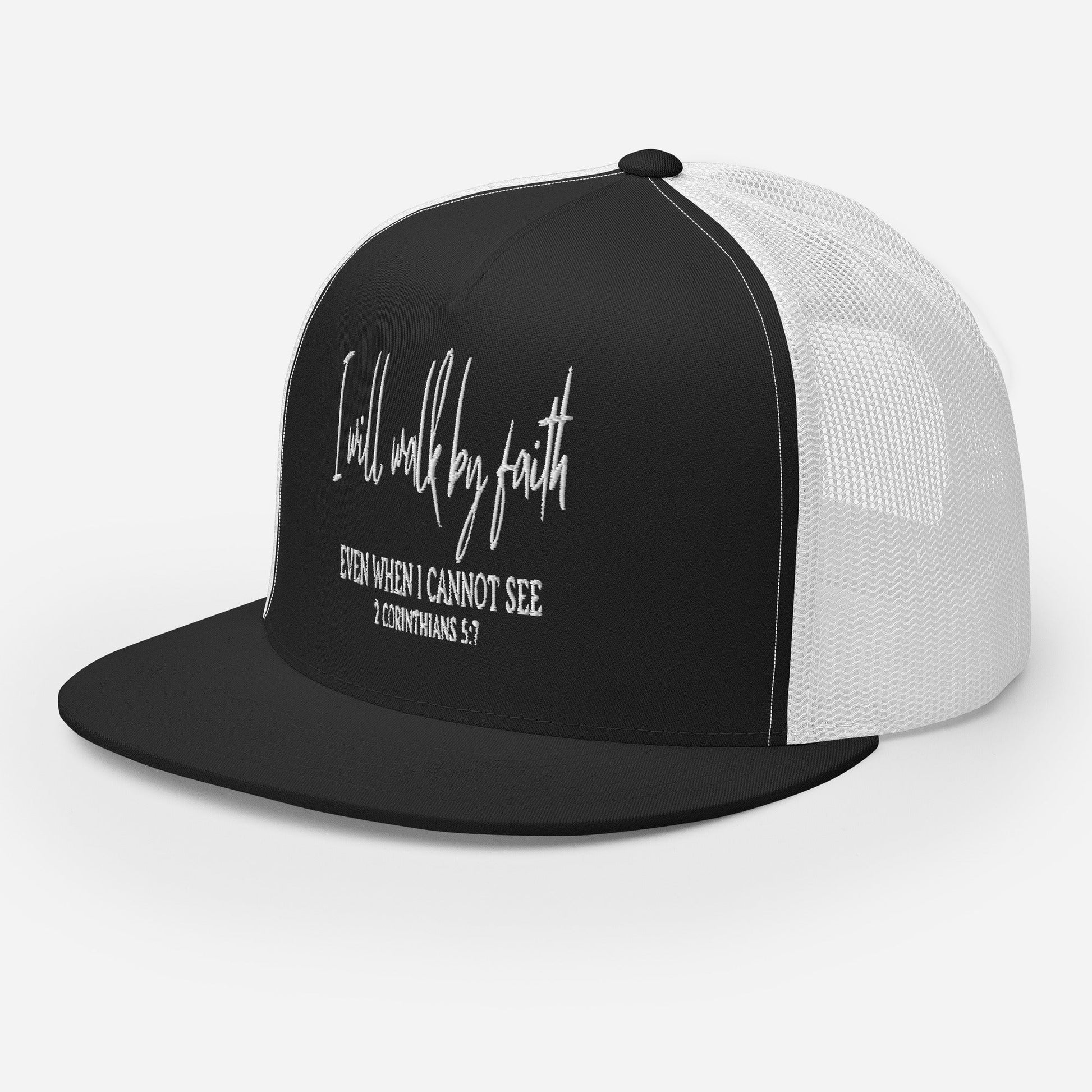 "I Will Walk by Faith" Christian Hat, Bible Verse Hat, Yupoong 6006 Trucker Cap - Wellness Shine