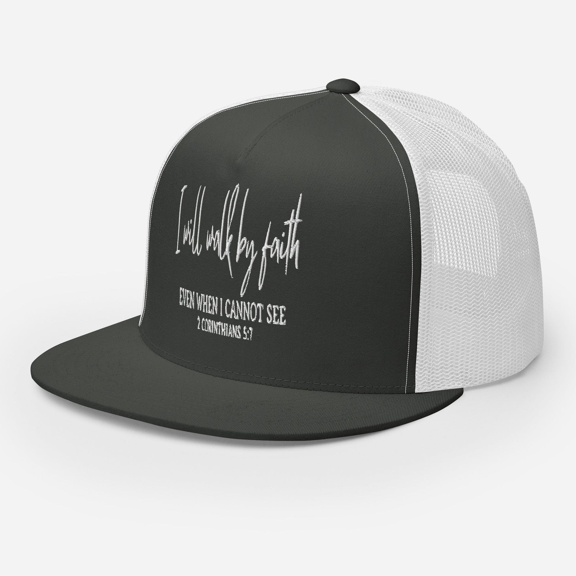 "I Will Walk by Faith" Christian Hat, Bible Verse Hat, Yupoong 6006 Trucker Cap - Wellness Shine