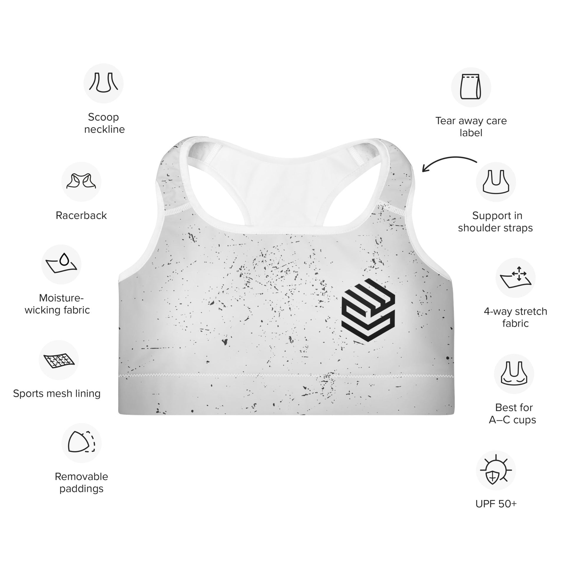Wellness Shine Fitness Padded Sports Bra, White/Grey Splatter - Wellness Shine