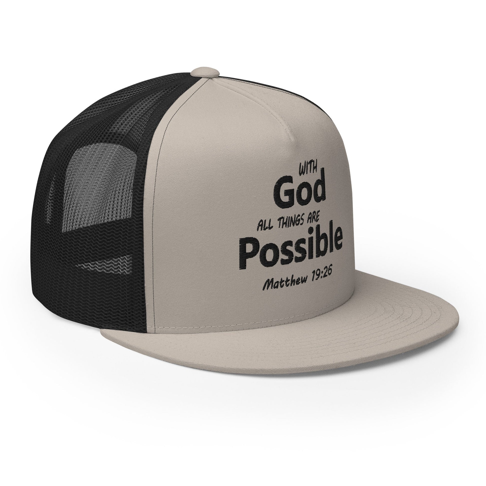 "With God All Things Are Possible" Christian Hat, Bible Verse Hat, Yupoong 6006 Trucker Cap - Wellness Shine
