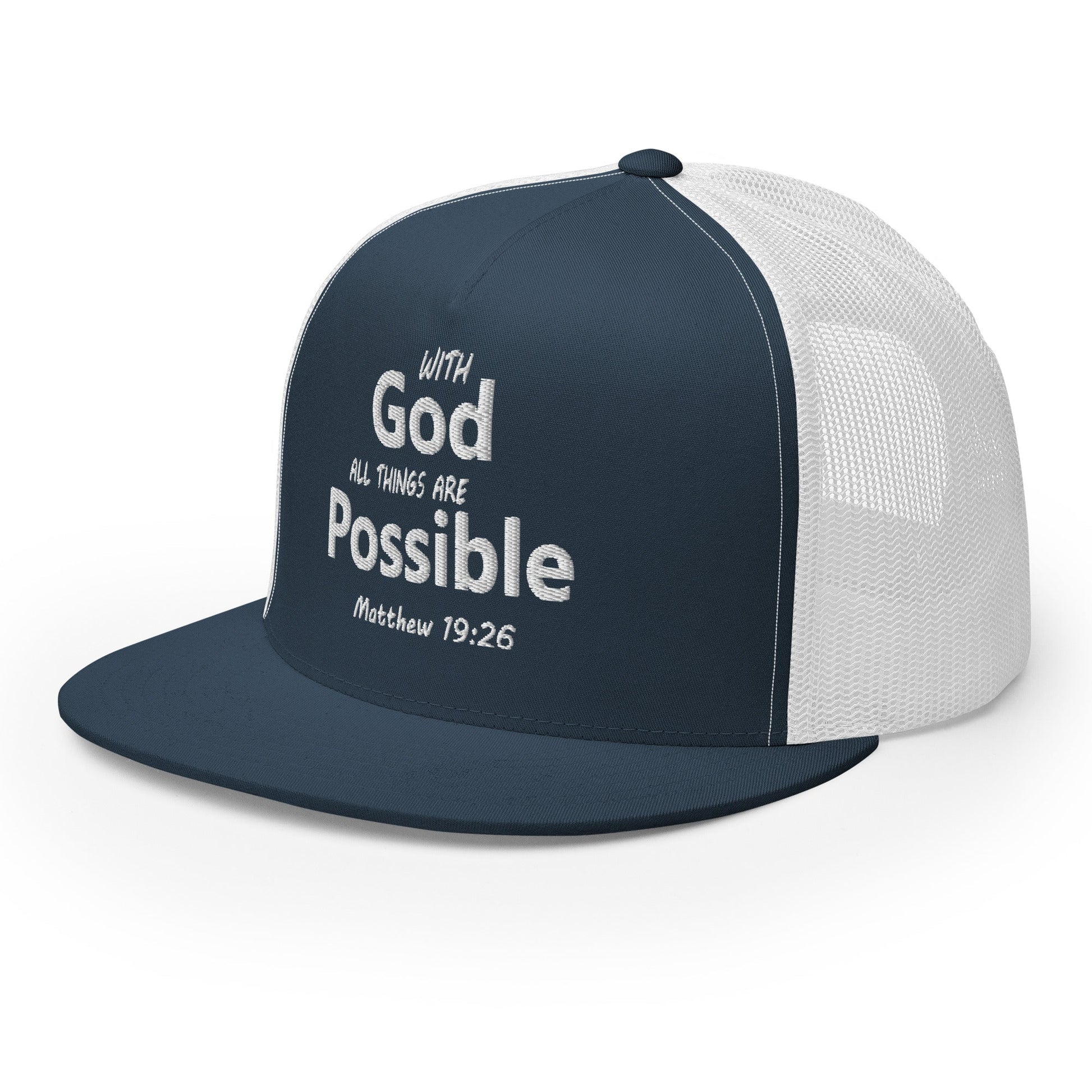 "With God All Things Are Possible" Christian Hat, Bible Verse Hat, Yupoong 6006 Trucker Cap - Wellness Shine
