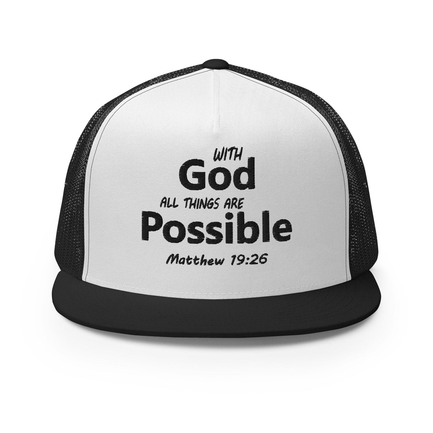"With God All Things Are Possible" Christian Hat, Bible Verse Hat, Yupoong 6006 Trucker Cap - Wellness Shine