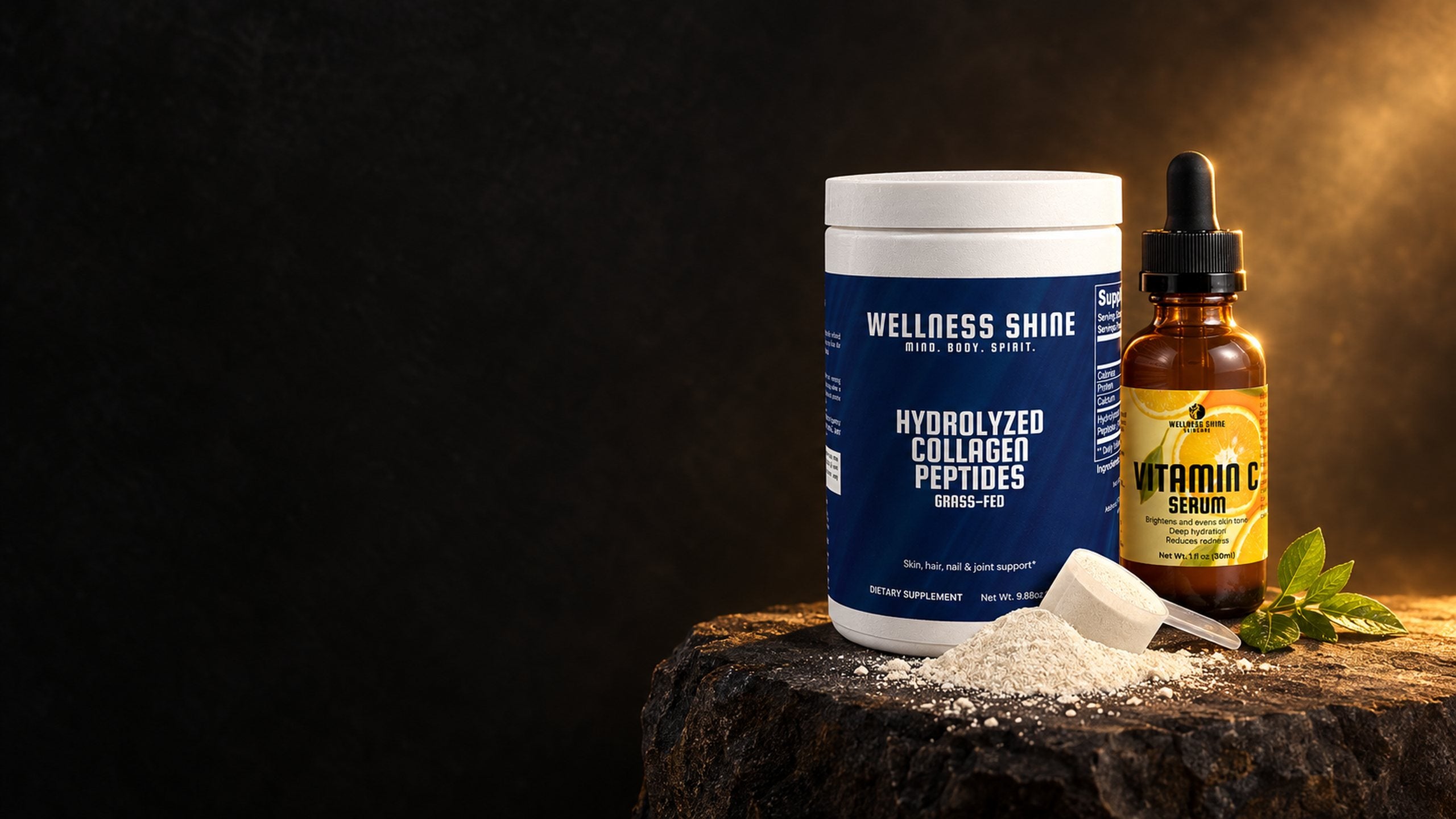 Wellness Shine Hydrolyzed Collagen Peptides and Vitamin C Serum on a dark stone pedestal