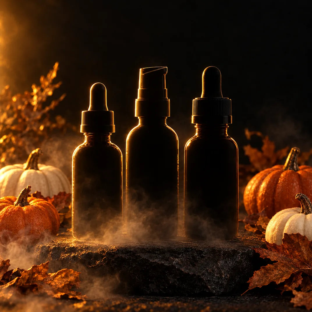 Silhouettes of three skincare bottles in fog on dark stone, surrounded by pumpkins and autumn leaves.